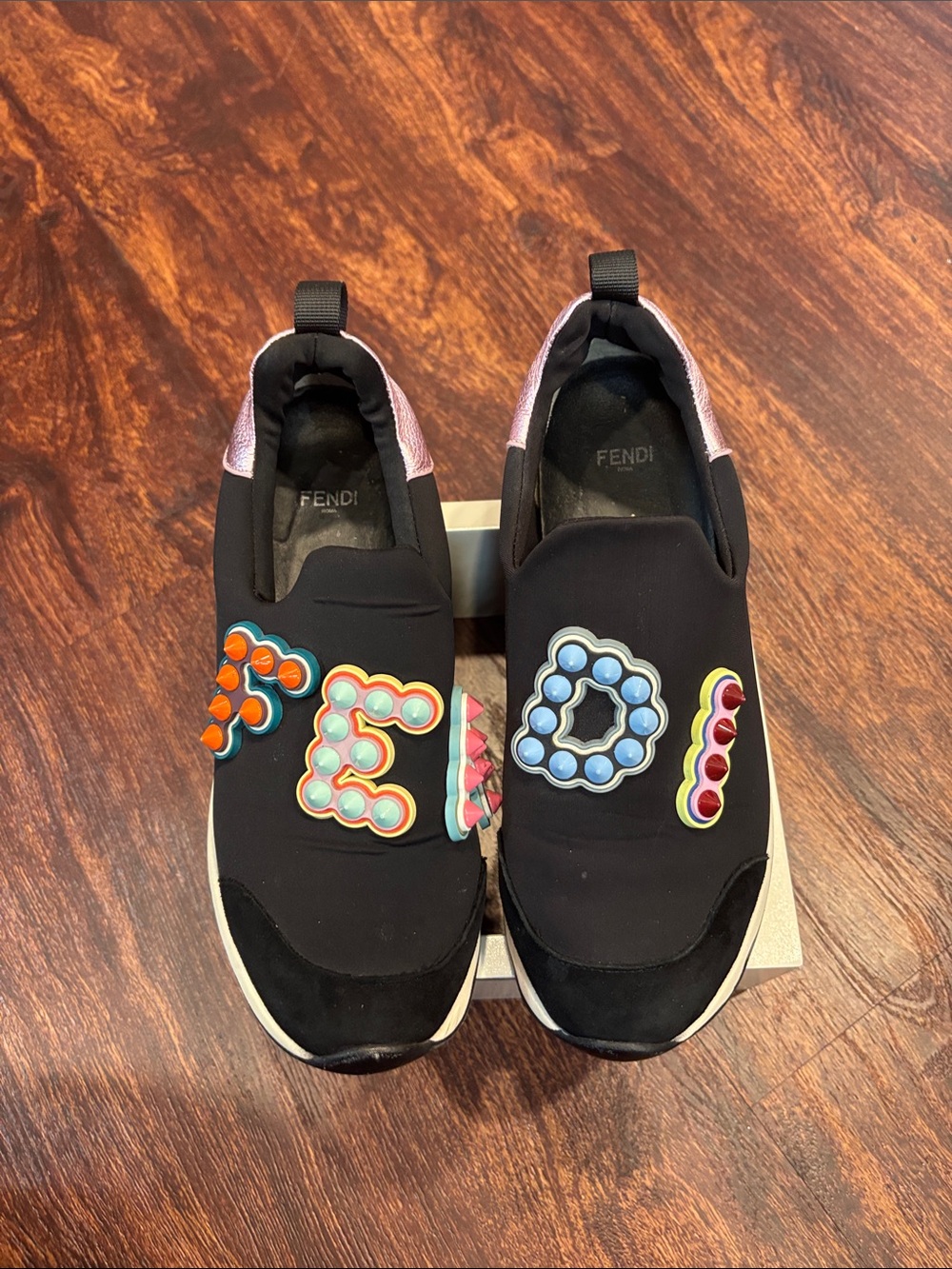 Fendi Black Slip-On Sneakers with Multicolor Bubble Letter Appliqués
